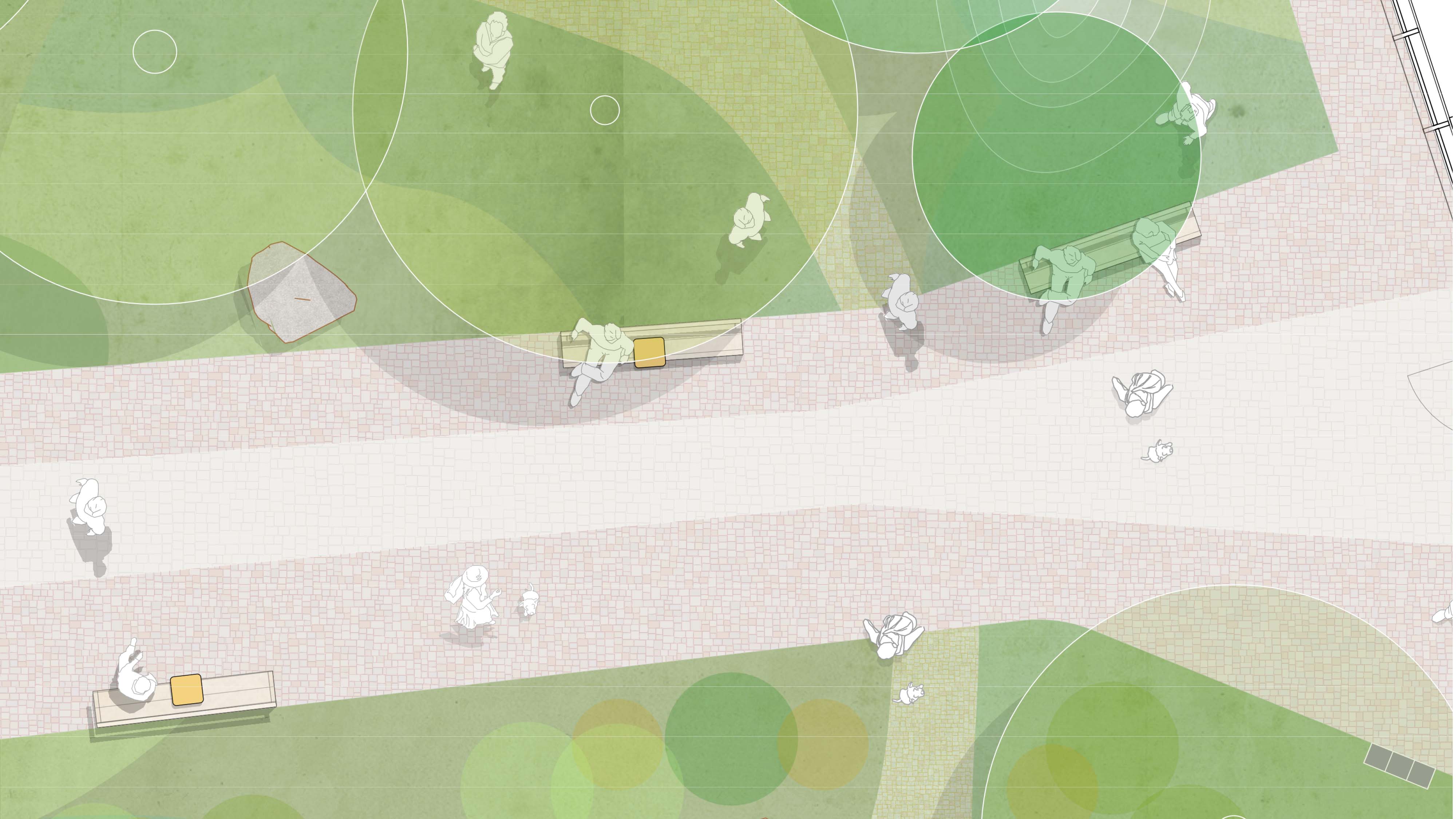 Die Materialien, die für die Hauptwege gewählt wurden, folgen dem Prinzip der Nachhaltigkeit und können Wasser versickern lassen . Mit einem Spiel aus verschiedenen Formaten und Farben werden die verschiedenen Räume miteinander verbunden.